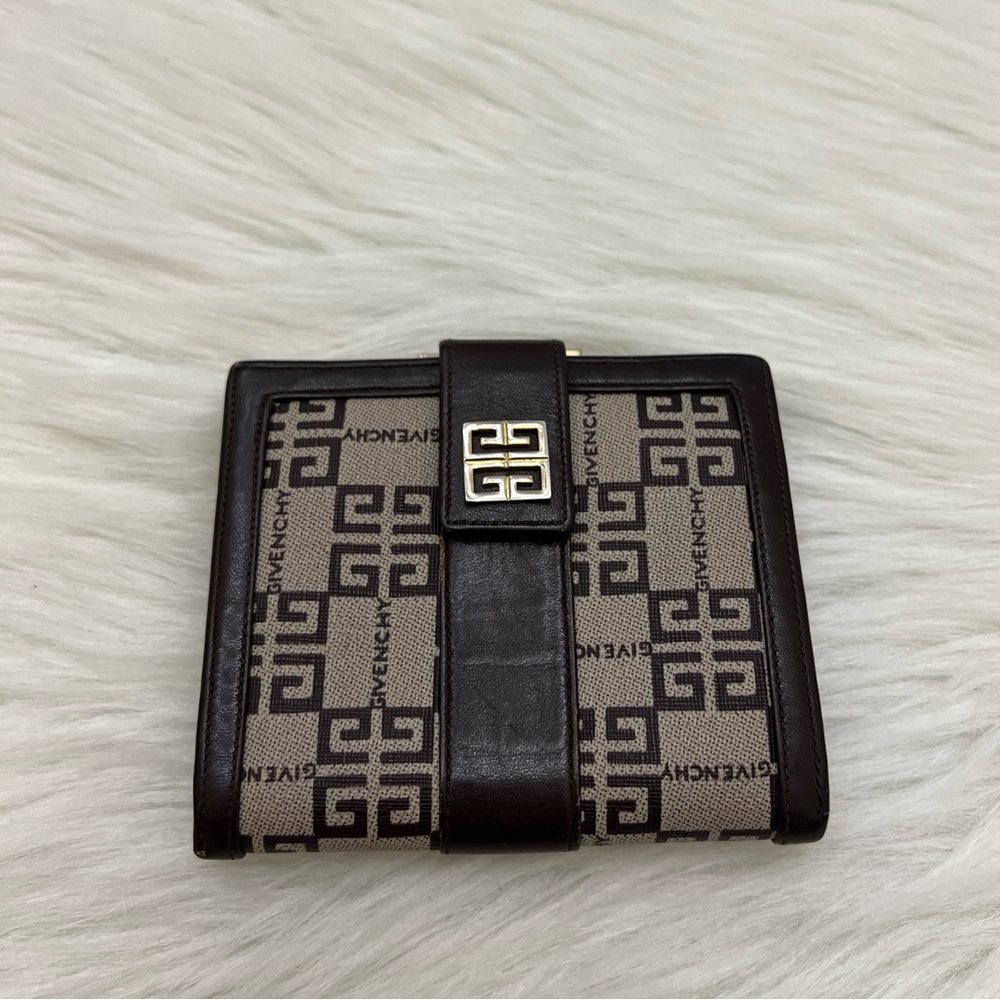 GIVENCHY - BROWN TAN CANVAS LEATHER COMPACT BIFOLD SNAP WALLET - Picture 2 of 10